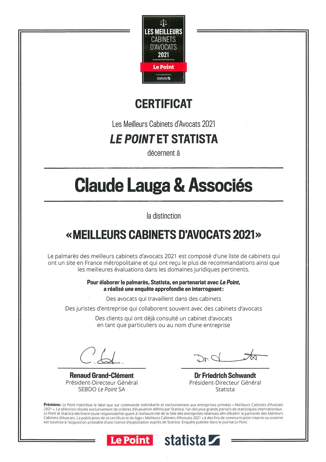 Prix et distinctions : Le Point/Statista - Claude Lauga & Associés - Meilleurs cabinets d'avocats 2021