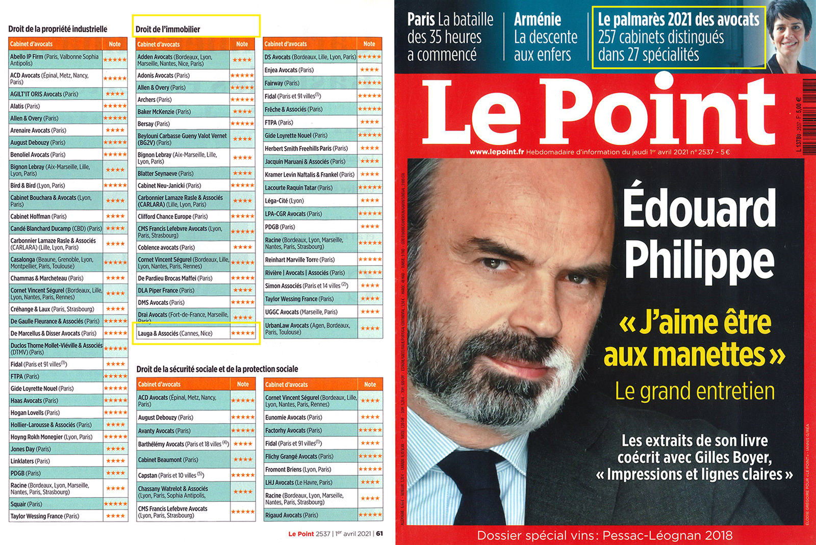 Prix et distinctions : Le Point - Cabinet Claude Lauga - Note de 5 étoiles dans le domaine du droit de l'immobilier