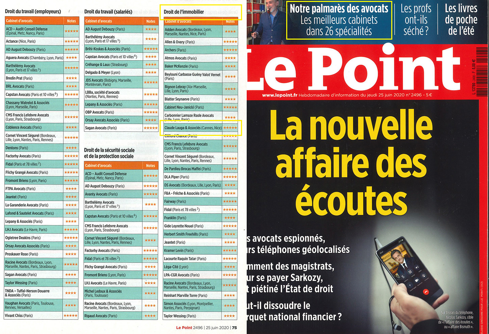 Prix et distinctions : Le Point - Cabinet Claude Lauga - Note de 5 étoiles dans le domaine du droit de l'immobilier